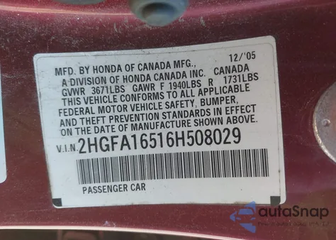 2006 Honda Civic Lx z USA, uszkodzony, nr VIN 2HGFA16516H508029